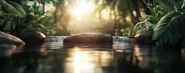 Fototapeta premium Calm oasis with gentle water flows and lush greenery, creating a peaceful atmosphere, Tranquil, Cool Tones, Soft Lighting