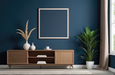 Mockup frame on cabinet in living room interior on empty dark blue wall background