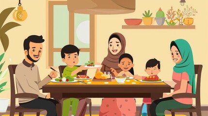 A family of five sits around a table eating a meal, with a plate of food being passed.