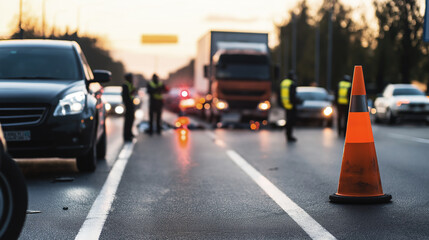 Traffic cone placed on a road during a sunset, marking a scene of a car accident. Blurred background shows police officers and vehicles, highlighting a traffic incident and investigation in progress