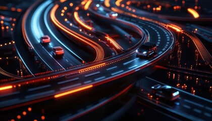 Complex transportation network with autonomous vehicles and smart roads, Futuristic, Dynamic, Nighttime