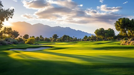 A scenic golf course at sunset with rolling hills and green grass.