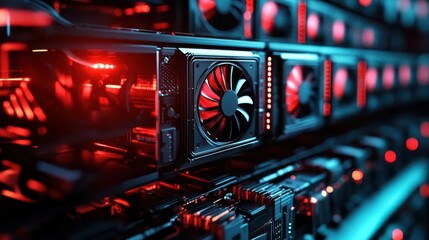 Obraz premium Cryptocurrency mining farm with rows of computers and cooling systems, Industrial, HighTech, Dark