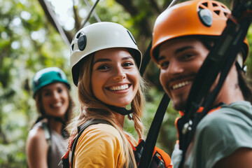 friends gearing up for an adventure, smiling with excitement before taking off on the zip line