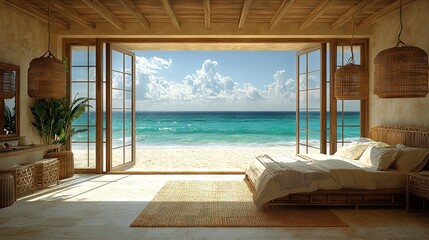 Fototapeta premium A bedroom featuring an ocean view, centered bed, and rugged flooring
