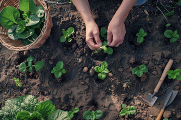 POV of hands planting vegetables in garden soil, focusing on the care and attention to growing plants