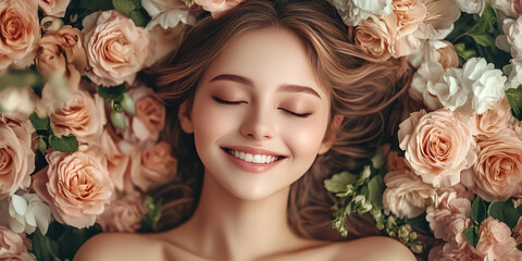 Young smiling woman portrait surrounded by fresh pastel flowers. Concept of connection between skin health and mental wellbeing