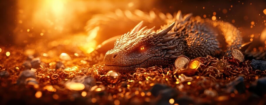 Dragons lair filled with gold and treasure, with the dragon sleeping atop, Fantasy, High Contrast, Cinematic