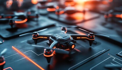 Drone hub with various drones being prepared for deployment, captured in a modern facility, Futuristic, Dynamic, Bright