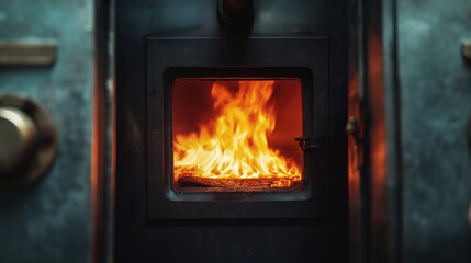 Close-up of a burning fire inside a wood stove, with bright orange flames illuminating the dark interior. The metal door and surrounding frame add a rustic and industrial feel to the scene.