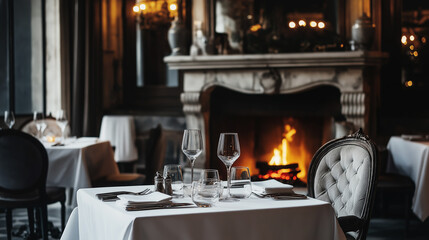 Elegant restaurant dining area featuring a cozy fireplace, set with fine glassware and tableware on white linen-covered tables