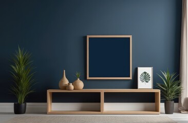 Mockup frame on cabinet in living room interior on empty dark blue wall background