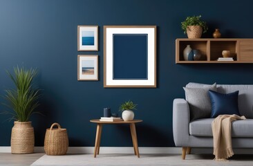 Mockup frame on cabinet in living room interior on empty dark blue wall background