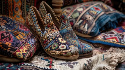 Close-up view of a pair of shoes sitting on a rug, perfect for use in fashion or lifestyle photography