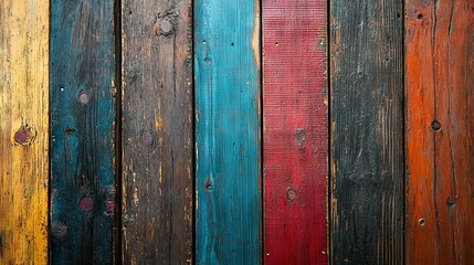 Fototapeta premium A close-up of multi-colored wooden planks featuring a red stripe on one side and a blue stripe on the other