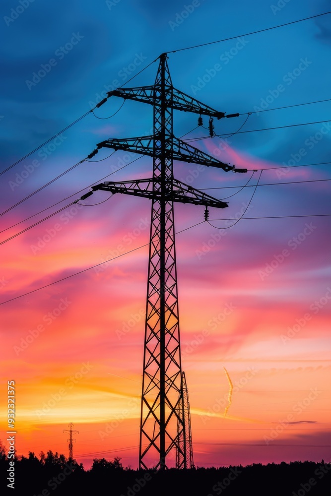 Poster a power line stretches across the landscape as the sun sets behind it, creating a warm glow
