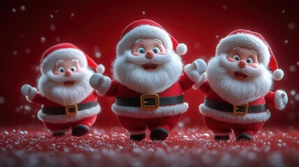 whimsical 3d santa claus trio dancing joyfully expressive faces vibrant red suits fluffy white details playful poses