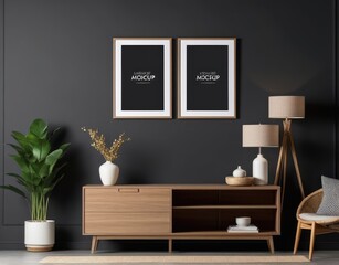 Mockup frame on cabinet in living room interior on empty dark wall background
