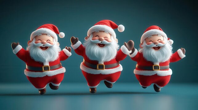 whimsical 3d santa claus trio dancing joyfully expressive faces vibrant red suits fluffy white details playful poses