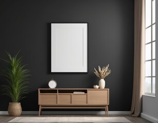 Mockup frame on cabinet in living room interior on empty dark wall background