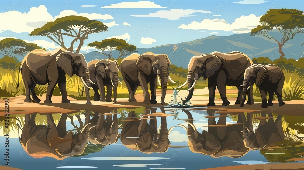 Poster a group of elephants enjoys drinking from a calm river surrounded by lush greenery and distant mount