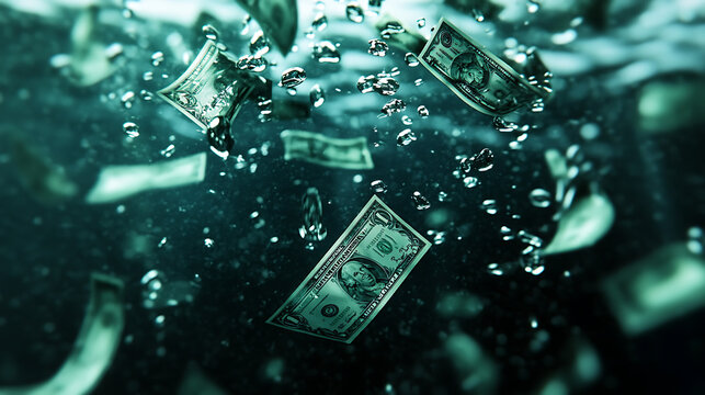 Dollar bills float in a blue, underwater scene, symbolizing lost money, financial struggles, or the concept of sinking wealth.