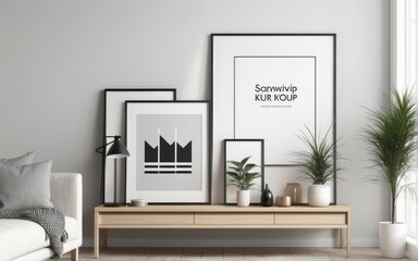 Mockup frame on shelf in living room interior,Scandinavian style