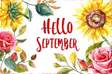 Watercolor sunflowers and roses framed with the text "HELLO SEPTEMBER" written in red ink on a white background Generative AI
