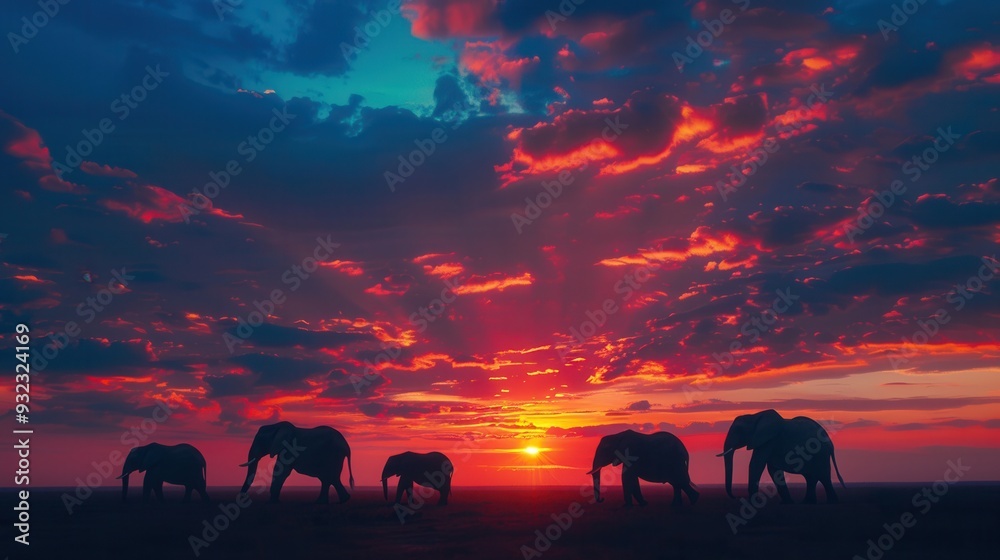 Poster a group of elephants peacefully strolls as the sun sets, casting a colorful glow across the sky and 
