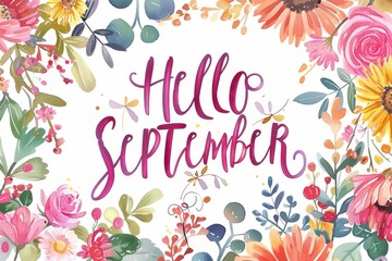 Watercolor frame with beautiful flowers and the inscription "HELLO SEPTEMBER" The name of autumn is written in large letters on a white background Sunflowers, roses, daisies Generative AI