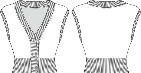 v neck buttoned ribbed cropped crop blouse top vest waistcoat template technical drawing flat sketch cad mockup fashion woman design style model
