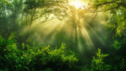 Sunbeams Filtering Through a Lush Forest Canopy