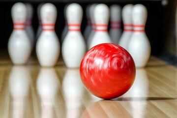 Close up of a bowling ball rollen towards the pins with a soft bokeh background.