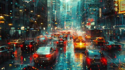 Fototapeta premium A busy city street with cars and traffic lights. The lights are bright and the cars are moving quickly