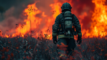 Fototapeta premium A man in a fireman's uniform at work. Firefighter walking towards a large fire