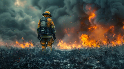 Firefighter walking towards a large fire