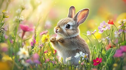 Fototapeta premium Adorable Fluffy Bunny Sitting in a Peaceful Meadow Surrounded by Wildflowers