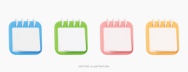 3D Set of colourful flip page calendars. Daily schedule planner. Reminder of meeting or event. Blank sheet. Business and education objects. Note book. Cartoon design icons. 3D Vector Illustration