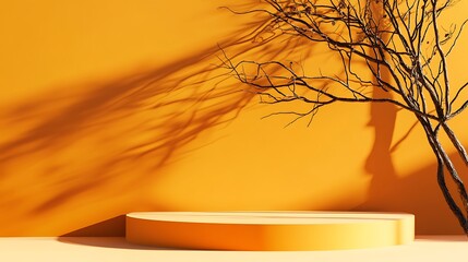 A simple round podium against a bright orange background with the shadow of a tree branch.