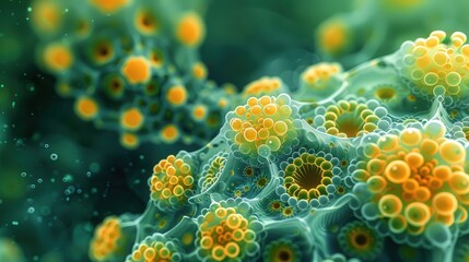 Naklejka premium Design a high-resolution abstract background with yellow and green microscopic formations. Focus on scientific detail and artistic presentation in the visualization