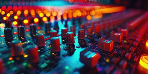 Obraz premium A detailed view of a soundboard with multiple knobs and controls