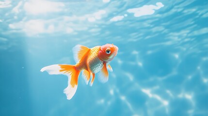Obraz premium A single goldfish swims in a clear blue aquarium, its bright orange and white scales shimmering in the light.