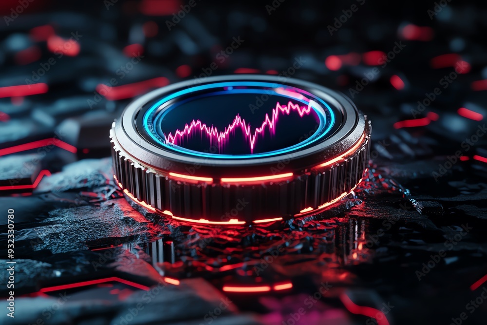 Poster futuristic graphic displaying a vibrant sound wave against a textured background, perfect for techno