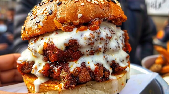 Deliciously messy wet burger Islak hamburger served in a steamy street food market