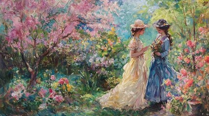 Fototapeta premium Charming Young Ladies in a Colorful Garden