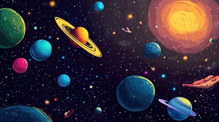Obraz premium 2D illustration featuring a cartoon style cosmic background Encompassing deep space with stars planets and moons this image offers a variety of imaginative science fiction settings