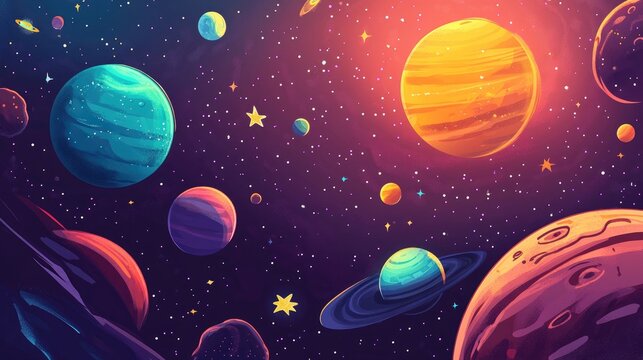 2D illustration featuring a cartoon style depiction of vast space A blend of stars planets and moons creates diverse sci fi themed backdrops and alien solar systems