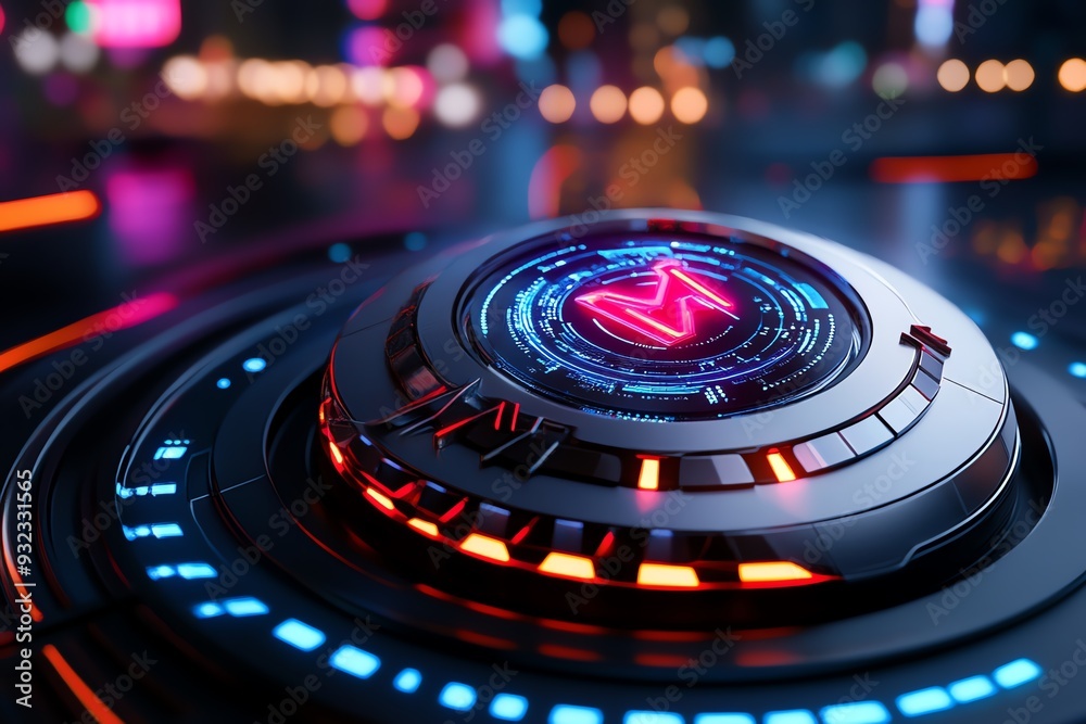 Poster Futuristic interface design featuring bright neon lights and intricate patterns, perfect for technology and sci-fi themes.