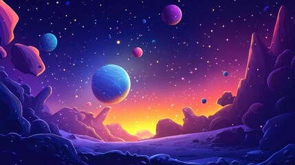 2D illustration in a cartoon style featuring a vast space scene Includes stars planets moons and imaginative science fiction backdrops showcasing alien solar systems