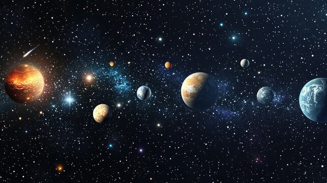 2D illustration featuring a realistic star pattern set in deep space Includes various celestial elements like stars planets and moons creating imaginative sci fi backdrops